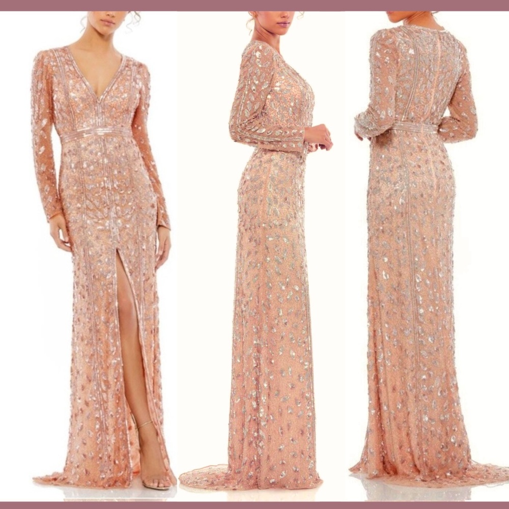 NWT Mac Duggal [ 6 ] Embellished Front Slit Long Sleeve‎ Gown 5002 Rose Gold